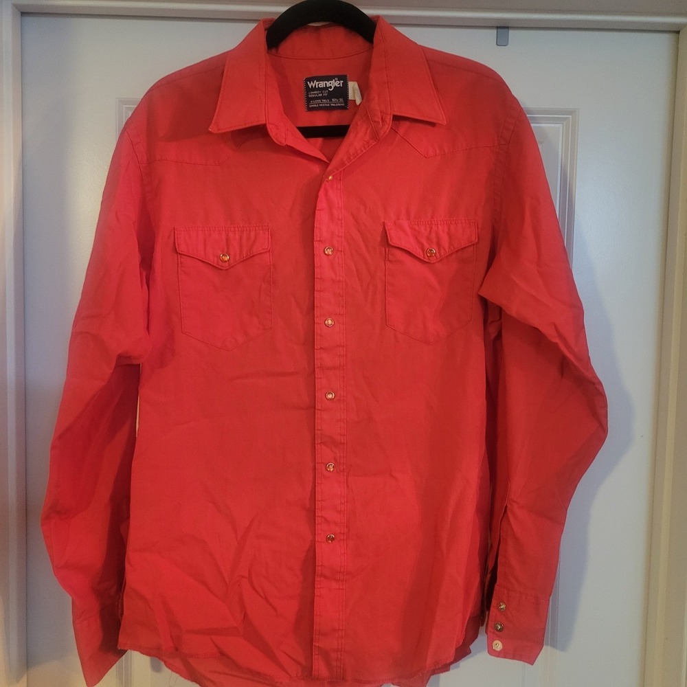 Wrangler Western Shirt Mens 16.5-36 Red  Pearl Snap Cowboy Rodeo Vtg Made In USA